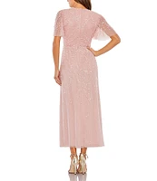 Mac Duggal Beaded V-Neck Flutter Sleeve Faux Wrap Midi Dress