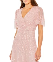 Mac Duggal Beaded V-Neck Flutter Sleeve Faux Wrap Midi Dress