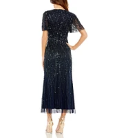 Mac Duggal Beaded V-Neck Flutter Sleeve Faux Wrap Midi Dress