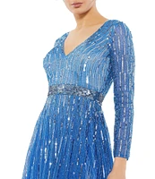 Mac Duggal Beaded V-Neck Long Sleeve A-Line Dress