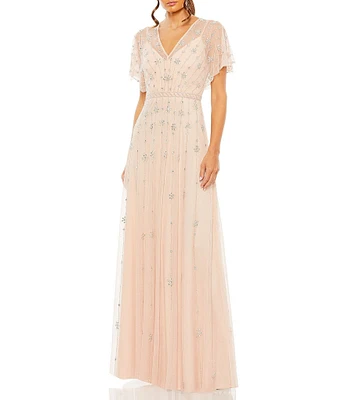 Mac Duggal Beaded V-Neck Short Flutter Sleeve A-Line Gown