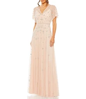 Mac Duggal Beaded V-Neck Short Flutter Sleeve A-Line Gown