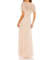 Mac Duggal Beaded V-Neck Short Flutter Sleeve A-Line Gown