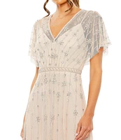 Mac Duggal Beaded V-Neck Short Flutter Sleeve A-Line Gown