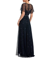 Mac Duggal Beaded V-Neck Short Flutter Sleeve A-Line Gown