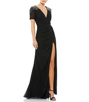 Mac Duggal Beaded V-Neck Short Sleeve Ruched Waist Faux Wrap Chiffon Gown