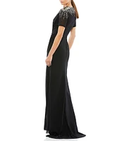 Mac Duggal Beaded V-Neck Short Sleeve Ruched Waist Faux Wrap Chiffon Gown