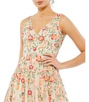 Mac Duggal Beaded V-Neck Sleeveless A-Line Midi Dress
