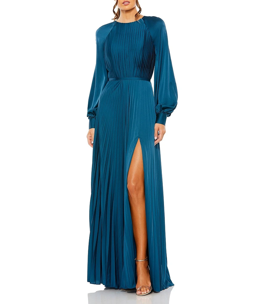 Mac Duggal Crew Neck Long Blouson Cuff Sleeve Pleated High Slit Gown