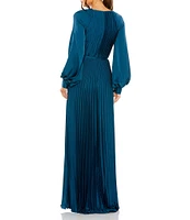 Mac Duggal Crew Neck Long Blouson Cuff Sleeve Pleated High Slit Gown