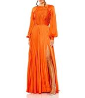 Mac Duggal Crew Neck Long Blouson Cuff Sleeve Pleated High Slit Gown