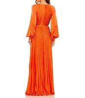 Mac Duggal Crew Neck Long Blouson Cuff Sleeve Pleated High Slit Gown