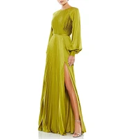 Mac Duggal Crew Neck Long Blouson Cuff Sleeve Pleated High Slit Gown