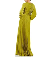 Mac Duggal Crew Neck Long Blouson Cuff Sleeve Pleated High Slit Gown