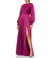 Mac Duggal Crew Neck Long Blouson Cuff Sleeve Pleated High Slit Gown