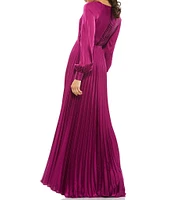 Mac Duggal Crew Neck Long Blouson Cuff Sleeve Pleated High Slit Gown