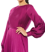 Mac Duggal Crew Neck Long Blouson Cuff Sleeve Pleated High Slit Gown