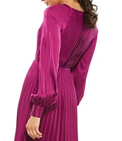 Mac Duggal Crew Neck Long Blouson Cuff Sleeve Pleated High Slit Gown