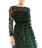 Mac Duggal Illusion Round Neck Long Sleeve Velvet Trim Floral Fit & Flare Midi Dress