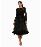 Mac Duggal Illusion Round Neck Long Sleeve Velvet Trim Floral Fit & Flare Midi Dress