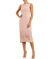 Mac Duggal Boat Neck Sleeveless 3D Floral Applique Crepe Sheath Midi Dress