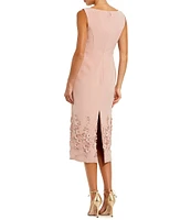 Mac Duggal Boat Neck Sleeveless 3D Floral Applique Crepe Sheath Midi Dress