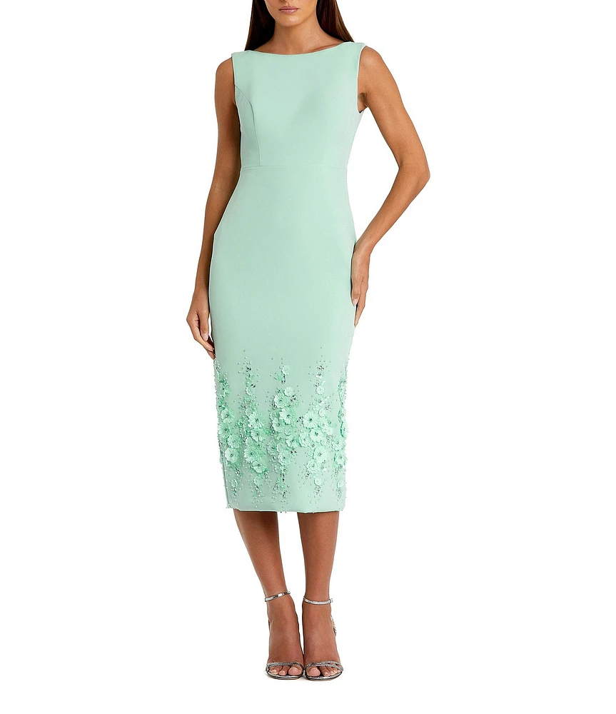 Mac Duggal Boat Neck Sleeveless 3D Floral Applique Crepe Sheath Midi Dress
