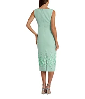Mac Duggal Boat Neck Sleeveless 3D Floral Applique Crepe Sheath Midi Dress