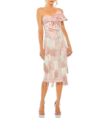 Mac Duggal Bow Front Ombre Fringe Embroidered Sheath Dress