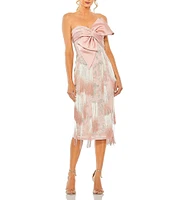 Mac Duggal Bow Front Ombre Fringe Embroidered Sheath Dress