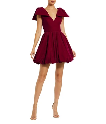 Mac Duggal Bow Shoulder V-Neck Velvet Fit & Flare Mini Dress