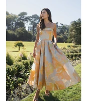 Mac Duggal Brocade Floral Print Strapless Neck Sleeveless A-Line Midi Dress