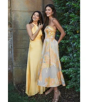 Mac Duggal Brocade Floral Print Strapless Neck Sleeveless A-Line Midi Dress