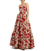 Mac Duggal Brocade Floral Print Strapless Sleeveless Ruffle Ball Gown