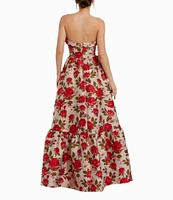 Mac Duggal Brocade Floral Print Strapless Sleeveless Ruffle Ball Gown