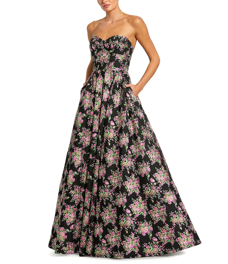 Mac Duggal Brocade Floral Print Strapless Sweetheart Neck Sleeveless A-Line Gown