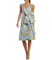 Mac Duggal Brocade Floral Print V Neck Sleeveless Bow Detail A-Line Midi Dress