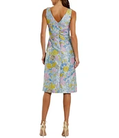Mac Duggal Brocade Floral Print V Neck Sleeveless Bow Detail A-Line Midi Dress