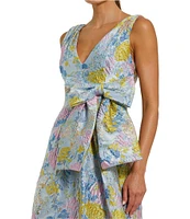 Mac Duggal Brocade Floral Print V Neck Sleeveless Bow Detail A-Line Midi Dress