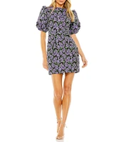 Mac Duggal Bubble Sleeve Floral Brocade Shift Mini Dress