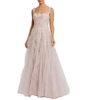 Mac Duggal Bustier Top Embroidered Beaded Lace Ruffle Tulle Ballgown