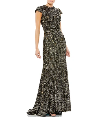 Mac Duggal Cap Sleeve Sequin Column Gown