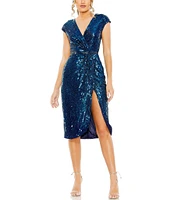 Mac Duggal Cap Sleeve V-Neck Beaded Faux Wrap Side Slit Dress