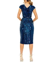 Mac Duggal Cap Sleeve V-Neck Beaded Faux Wrap Side Slit Dress