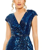 Mac Duggal Cap Sleeve V-Neck Beaded Faux Wrap Side Slit Dress