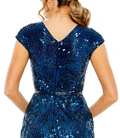Mac Duggal Cap Sleeve V-Neck Beaded Faux Wrap Side Slit Dress