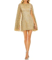 Mac Duggal Capelet Sequined Sheath Mini Dress