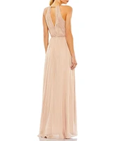 Mac Duggal Chain Trim Keyhole Neck Metallic Chiffon Blouson Gown