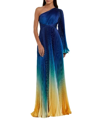 Mac Duggal Charmeuse Ombre Print One Shoulder Neck One Long Sleeve Pleated Gown