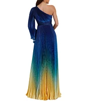 Mac Duggal Charmeuse Ombre Print One Shoulder Neck One Long Sleeve Pleated Gown